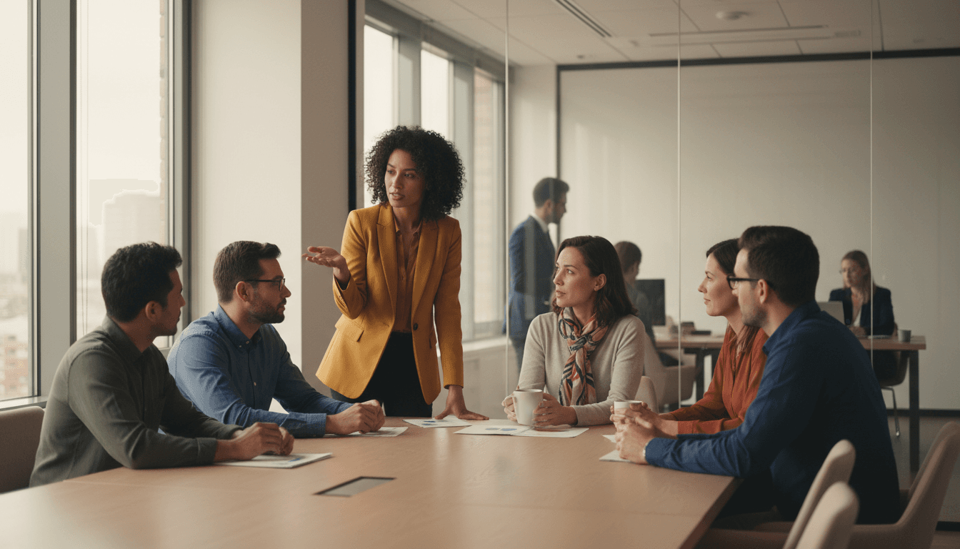 Professionals collaborating on talent strategy in a modern office