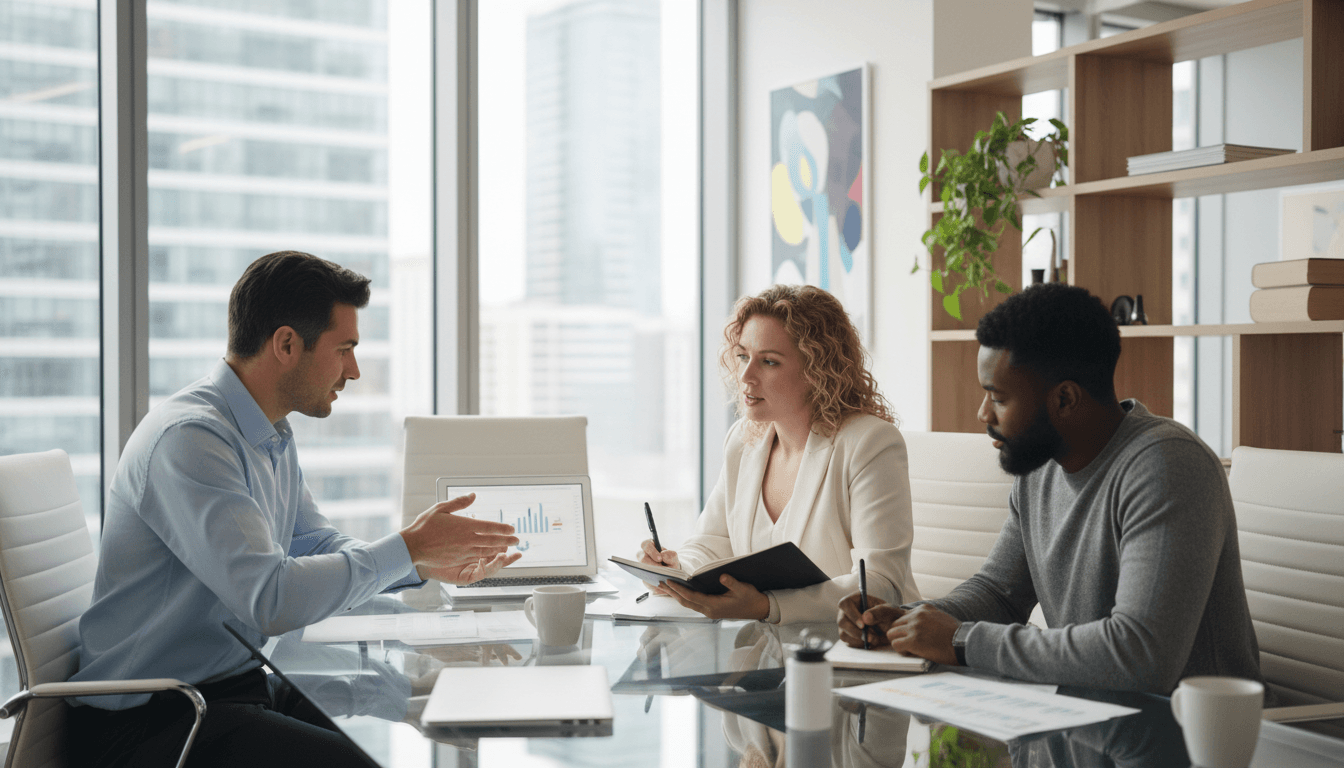 Two professionals having a strategic discussion at a conference table in a modern office
