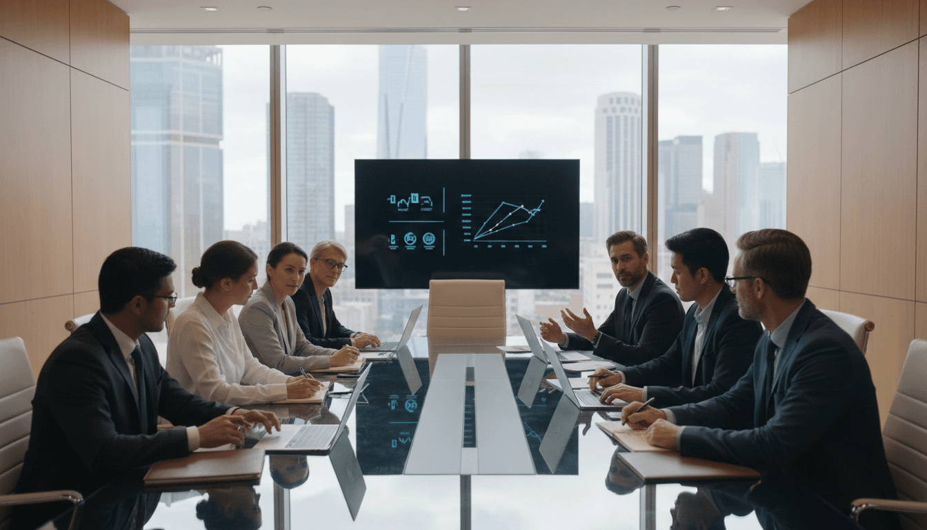 Diverse leadership team collaborating in a modern boardroom during strategic discussion
